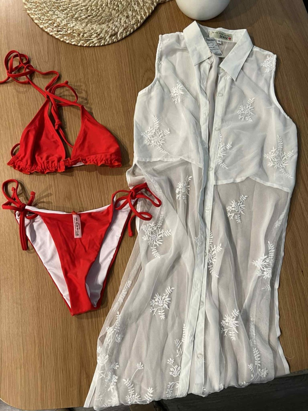 Red String Bikini with White Embroidered Sheer Cover-Up